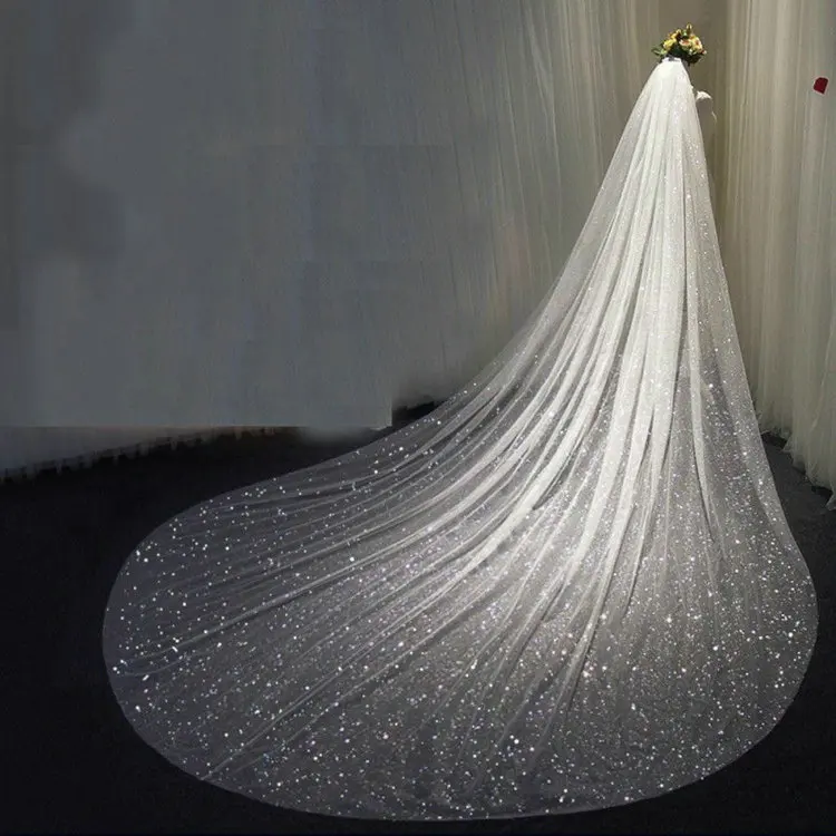 Qushine Shiny Dazzling sequin lace veil bridal long wedding dress veil