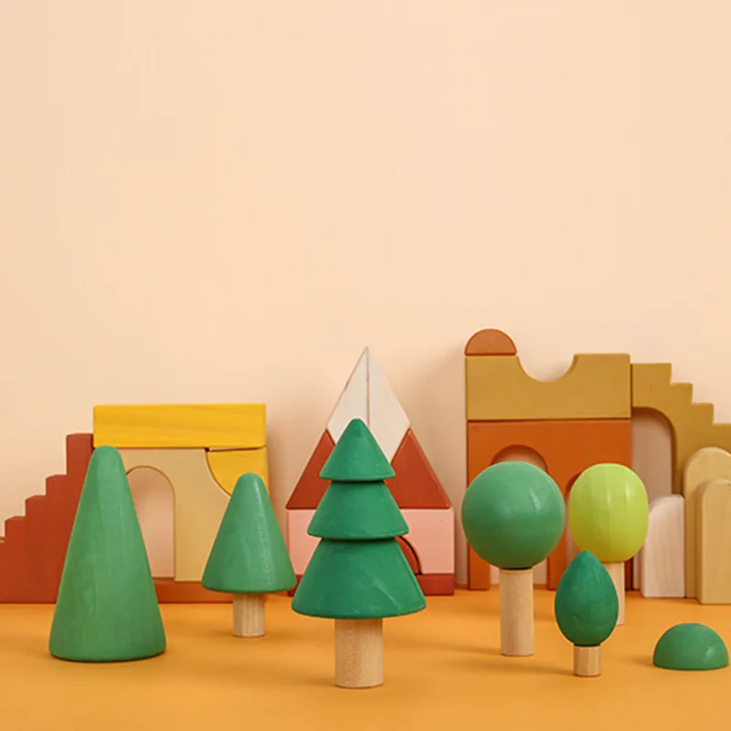 Natural Peg Dolls Set Evergreen Forest Trees Beautiful Craft Wooden Building Blocks Wooden Toy for Kids