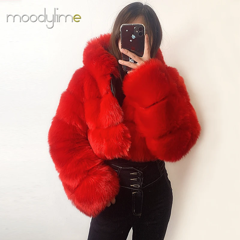 Moodylime Custom Pink White Red Blue Brown White Purple Eco Natural Mink Fox Croptop Women Fur Coat