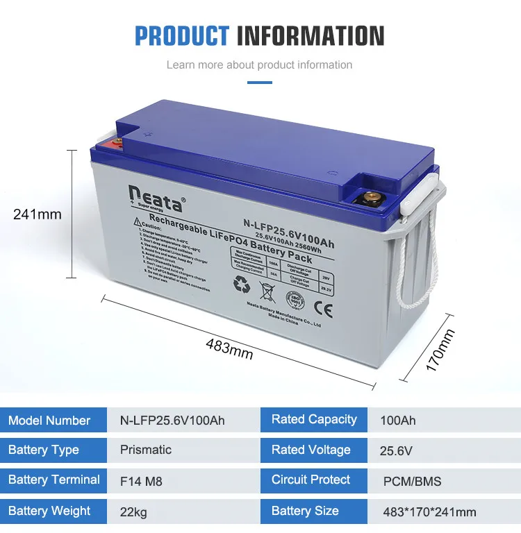 Neata Customization Power Bank Long Life Energy Storage LFP LiFePO4 25.6V 100Ah Lithium Ion Batteries