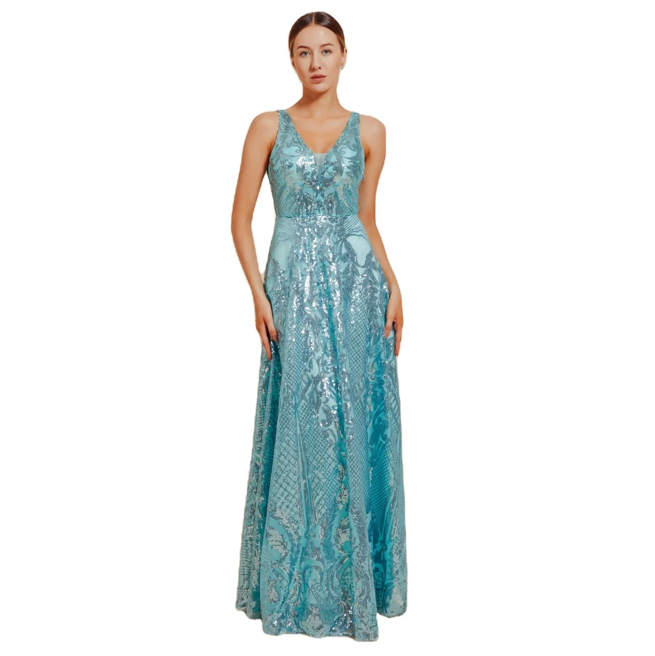 Luxury Women Vestido De Noche Festa Prom Party Dresses Light Blue Sequined a Line Elegant Long Gown Evening