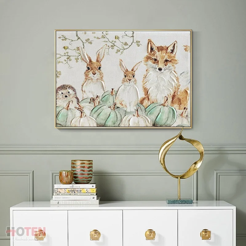 Hand-painted animal painting rabbit acrylic painting cute hedgehog fox oil painting