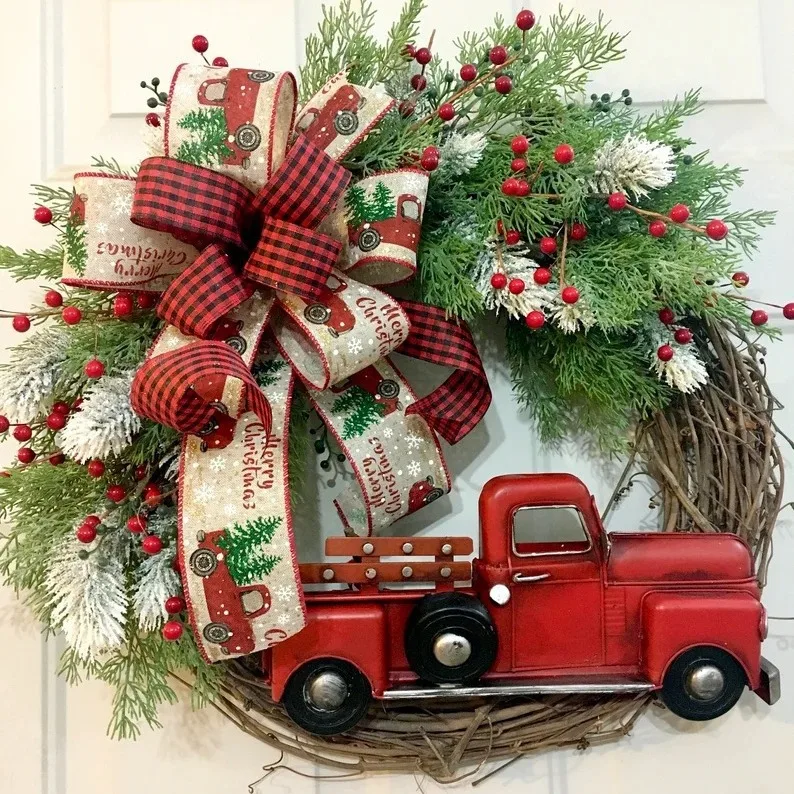 2024 Handmade Door Hanging Outdoor Wreath Christmas Garland With Red Truck