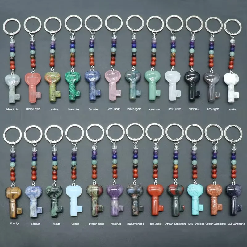 Wholesale Key Shaped Crystal Key Chain Natural 7 Chakra Bead Healing Stone Crystal Keychain