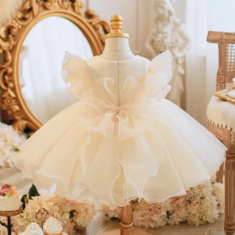 Boutique Fall White Bow Embroidery Satin Kids Communion Frock Flower Girls Dresses Baby Birthday Party Gown Children Clothing