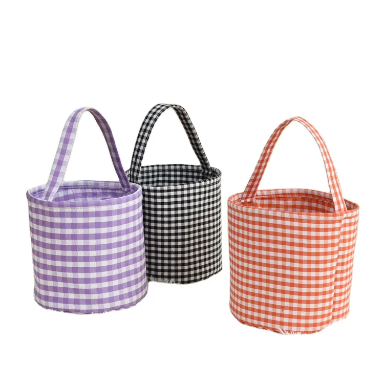 Factory Customized Kids Blue Purple Orange Black Plaid Seersucker Candy Pumpkin Trick or Treat Tote Bag Bucket Halloween Basket