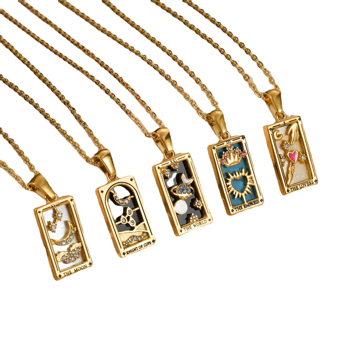 Wholesale Fashion Vintage Stainless Steel Chain Jewelry Square Colorful Enamel Zircon Gold Plated Tarot Card Pendant Necklace