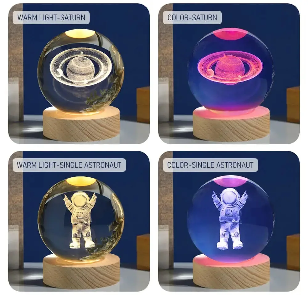 Wholesale Custom Wooden Base 3D Art Luminous Crystal Ball Decoration Solar System Led Night Lights Desktop Home Decor