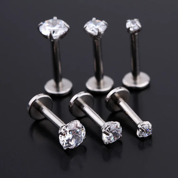 Zesen titanium steel piercing jewelry with diamond zircon inner teeth lip stud with diamond lip ring long rod stud earrings