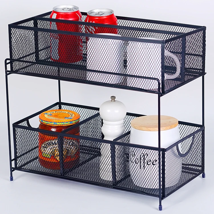 Steel Mesh 2-Tier Under Sink Cabinet Organizer with Sliding Storage Drawer