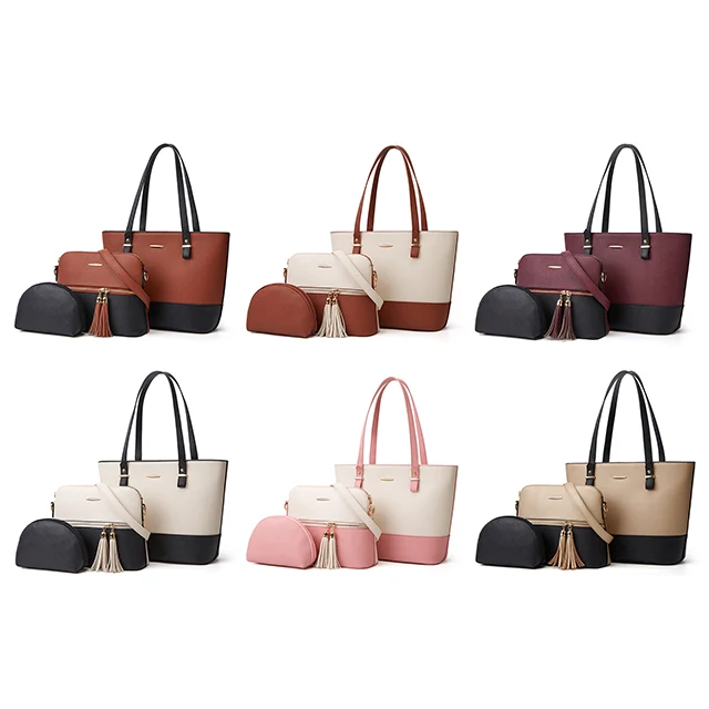 
Customized girl woman leather handbag Designer 3 pcs Fashion splicing color large capacity tassel bag for ladies 