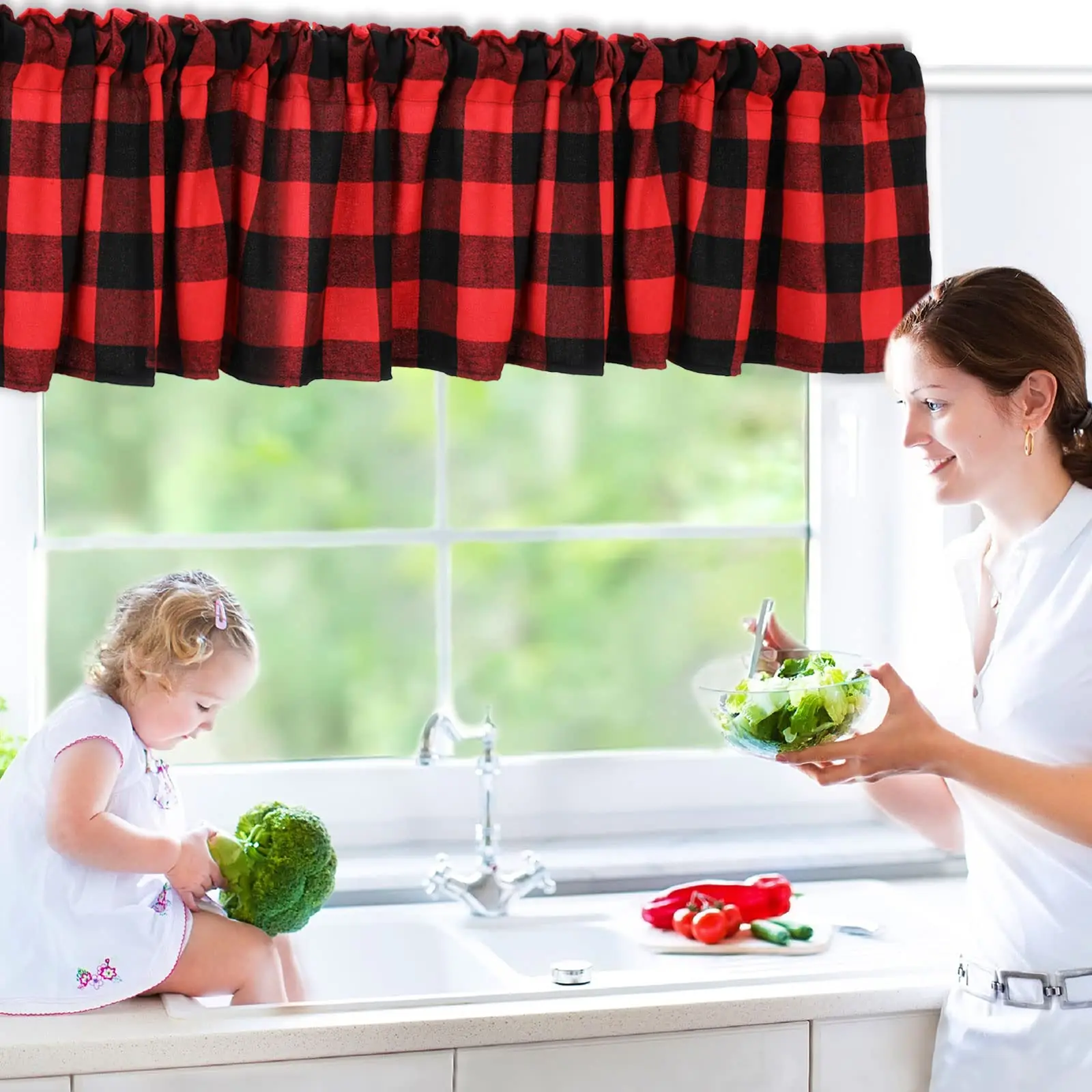 Buffalo Window Valances 4PCS Farmhouse Design Rod Pocket Buffalo Plaid Curtains for Kitchen Bathroom Living Room 16x56in