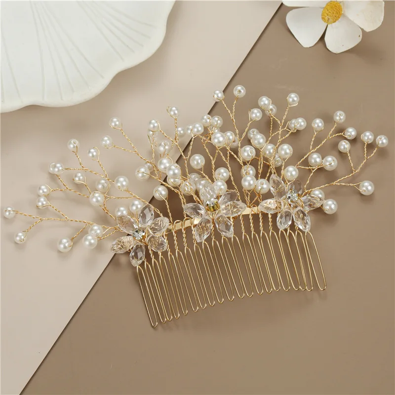New Hot Gold Plated Handmade Copper Wire Crystal Flower Pearls Diverging Bridal Hair Accessories Headpieces Comb