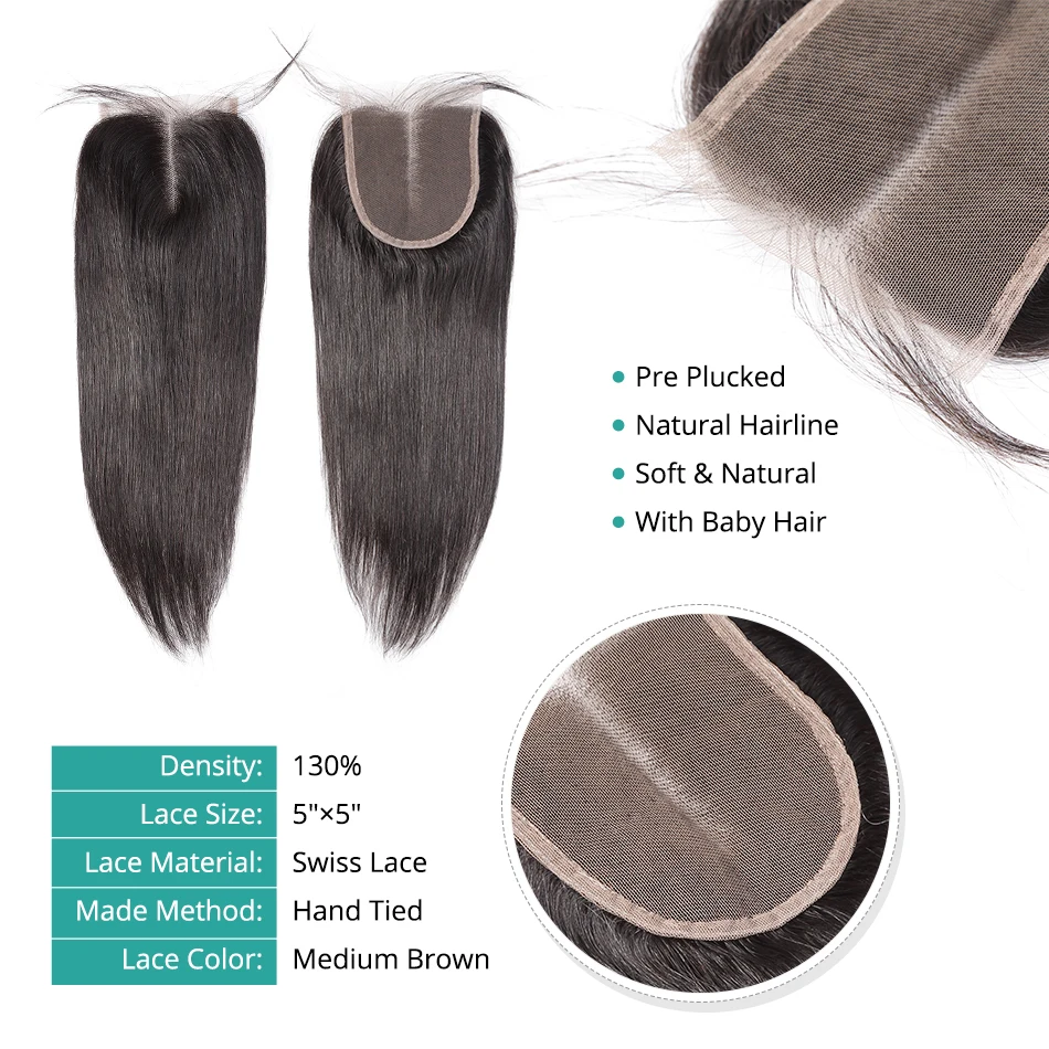 
Rosabeauty Peruvian Virgin Straight Lace Closure 5X5 Human Hair Lace Closure Bleached Knots Middle/Free Part Top Closure 
