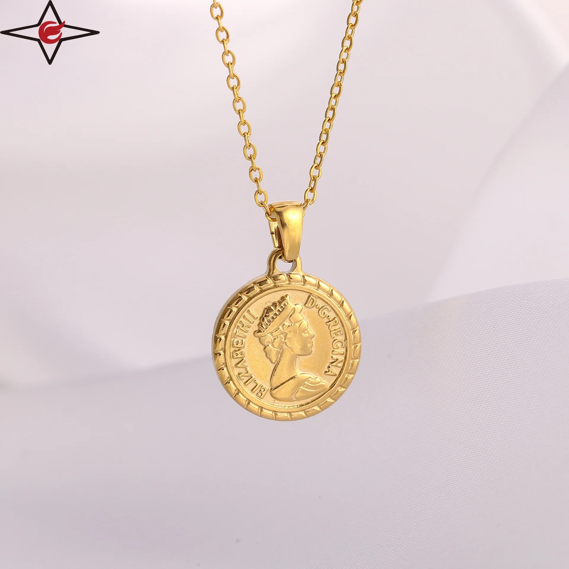 Hot Angel Stainless Steel Simple Cross 18k Gold Plated Vintage Coin Pendant Round Custom Medallion Pendant