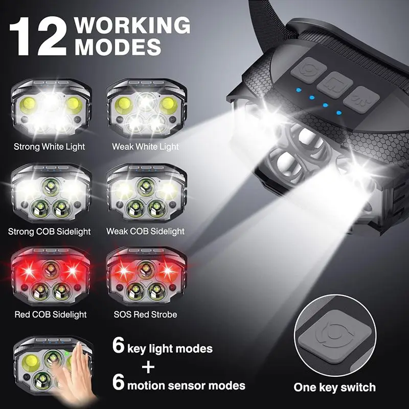 High Power LED Head Torch 1200 Lumen White Red Light Colors IP65 Waterproof Rechargeable Sensor Headlamps for Camping Hiking