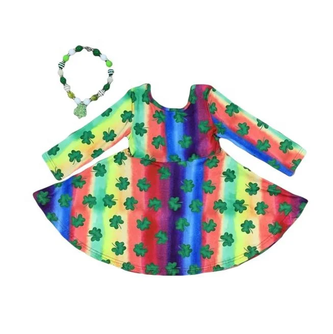 2021 new arrival baby girls St.Patrick colorful rainbow clover twirl ruffle dress