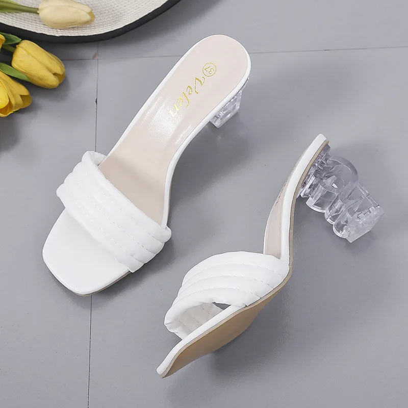 Wholesale European and American Crystal High Heels Slippers Women Striped Line Sandals