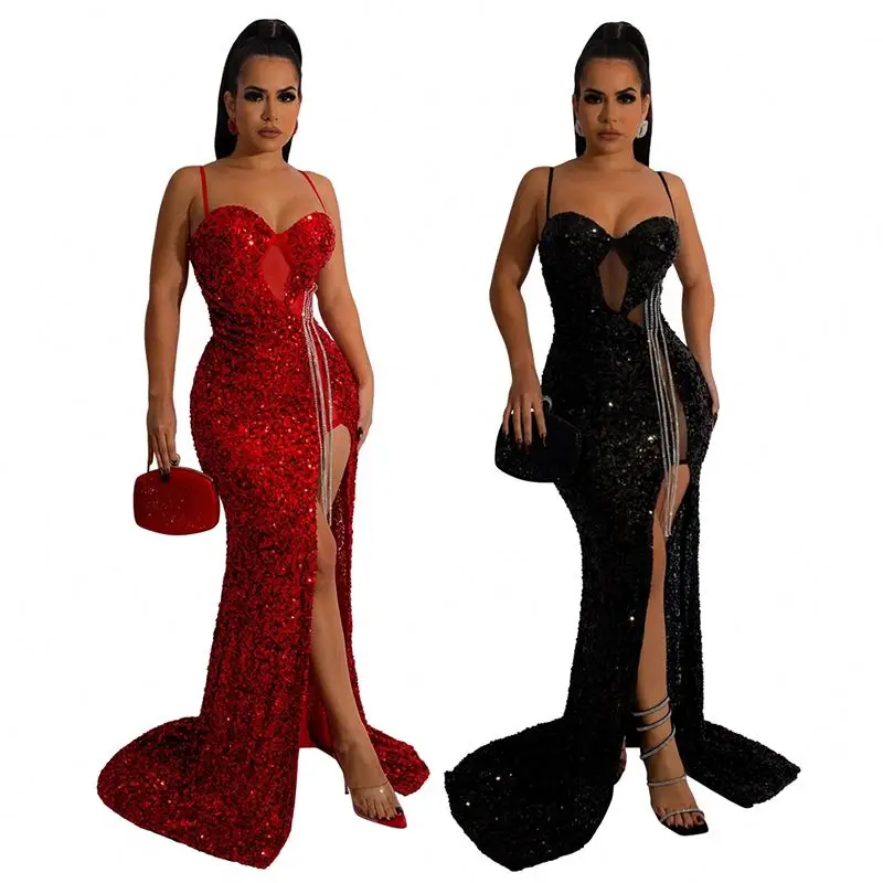 2024 Elegant Formal Evening Dress High Slit Gown Prom Party Sweep Train Sequined Maxi Long Slip Dresses For Women