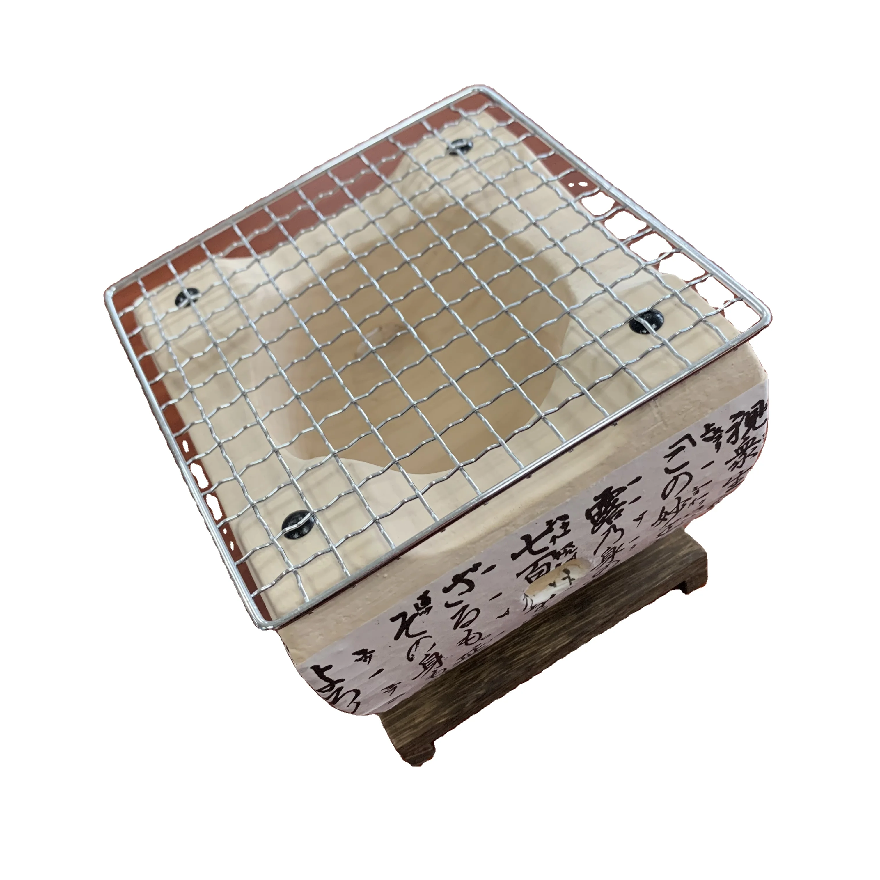 Japanese Tabletop Shichirin Konro Charcoal Grill with Wire Mesh and Wooden Base Hibachi Style Yakiniku
