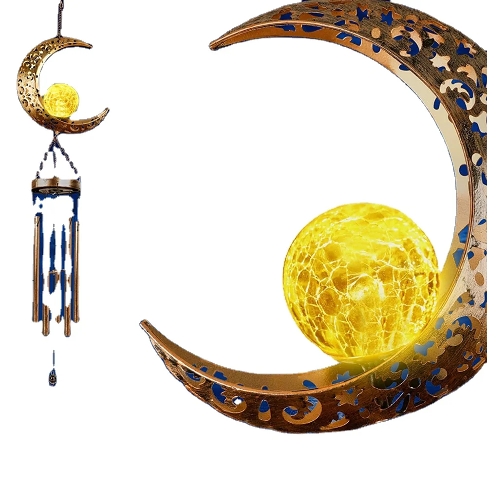 Oniya Large Retro Copper Wind Bells with Crackle Glass Ball, Soft Deep Tone, Solar Wind Chimes for Patio Garden Decor