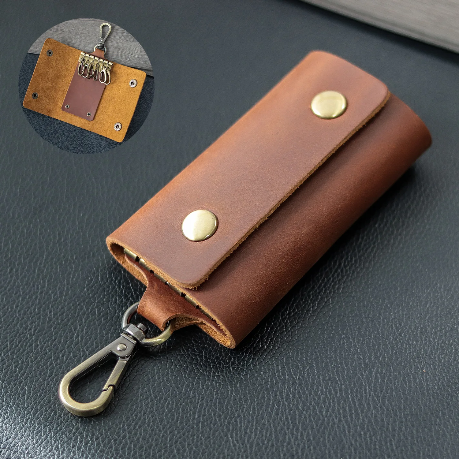 Key Case Wallet Holder Genuine Leather Mens Keychain Ring Pocket Car Fob Organizer Cover 6 Hooks Handmade Gift