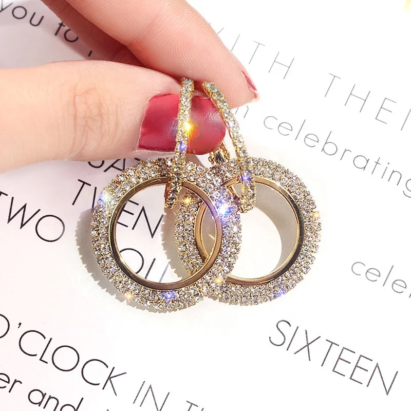 Luxury 18k Gold Plated Stainless Steel S925 Silver Needle Large Rhinestone Gold Filled Hoop Earring