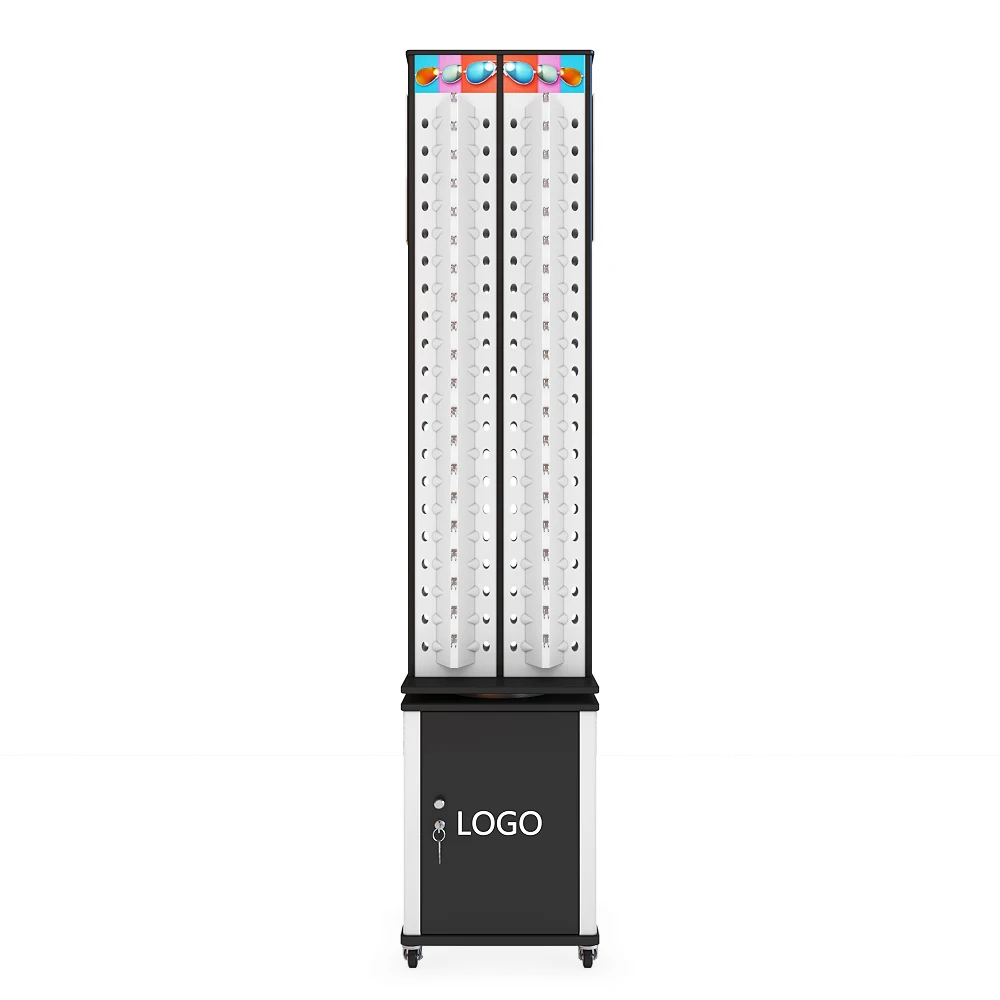 Latest brand shop lock key metal white mobile rotating sunglasses display stand store spin show case