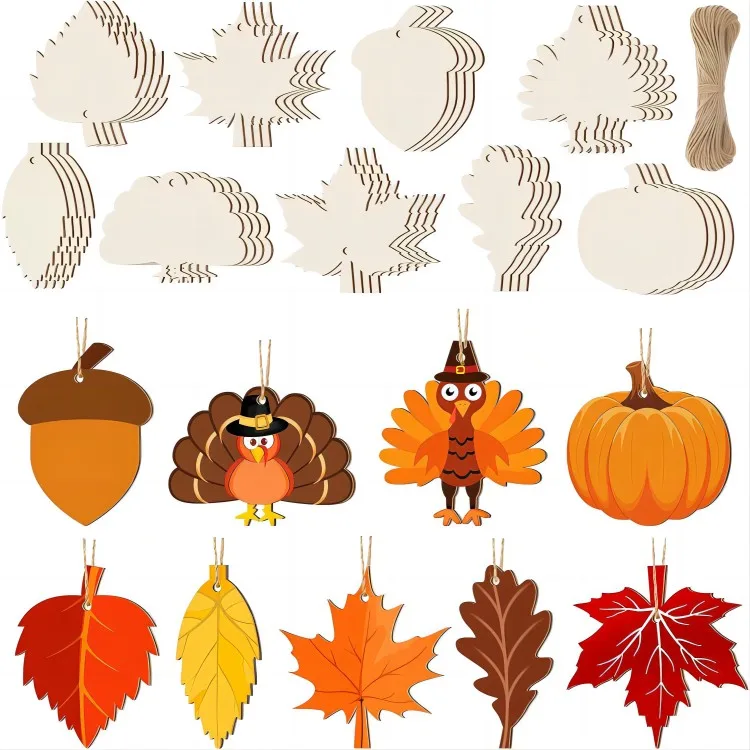 45 Autumn Thanksgiving Wooden Decorations Unfinished Tree Maple Leaf Pumpkin Turkey Wooden Crafts