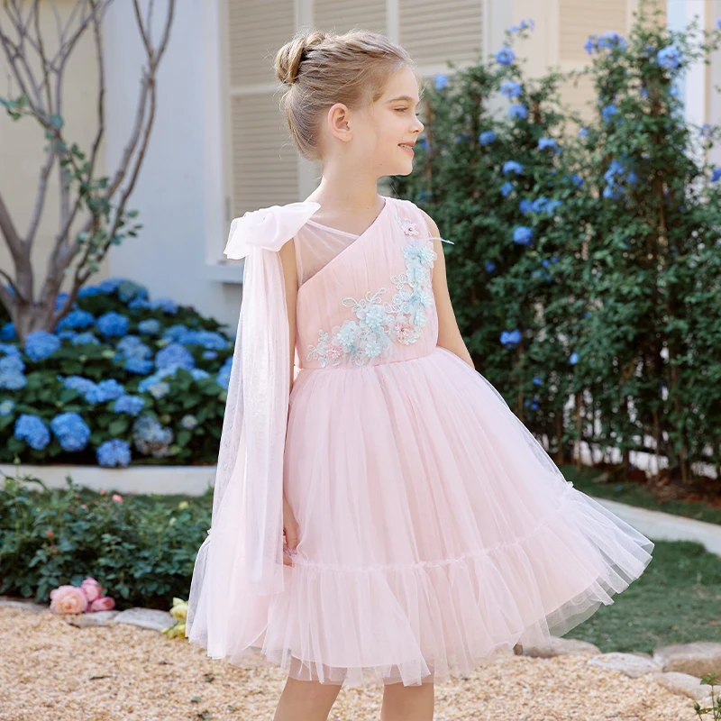 Girls 3D flower pink mesh dress kids summer baby girl party princess dress baby clothes baby girls kids clothing frock