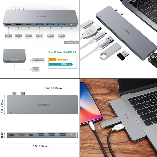 HYD-9820T- thunderbolt 3 usb hub adapter connect Aluminum 8-in-1 compatible with SuperDrive USB 3.0 port type c data transfer