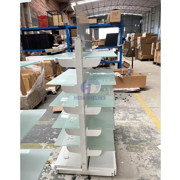 Glass Layer Board White Color Shelves Gondola Shelving Rack Laminate Showroom Display Rack Slatwall Shelves For Retail Store