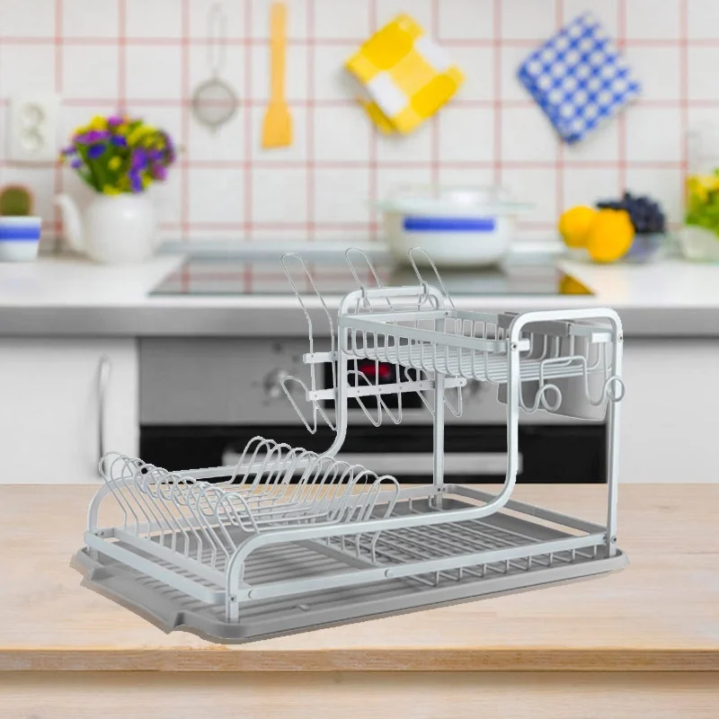 2 tier cabinet capacity storage and simple human kitchen dish drainer dish drying rack aluminium with cutlery cup