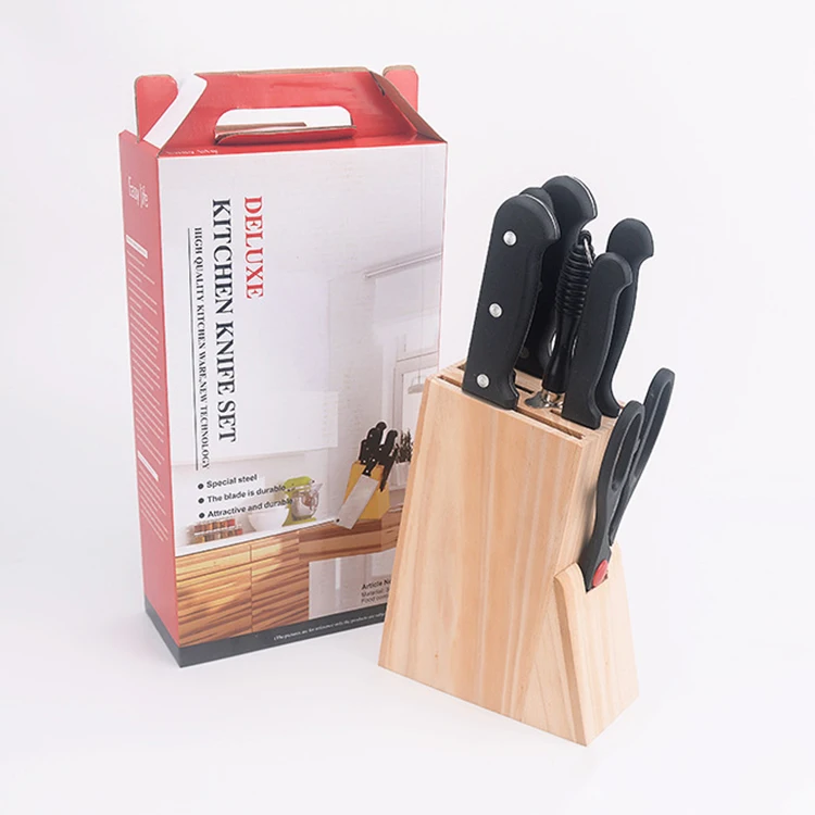 Wholesale Kitchen Gift 8PCS Plastic Handle Stainless Steel Kitchen Tools Knife Set with Wooden Block Knife Holder
