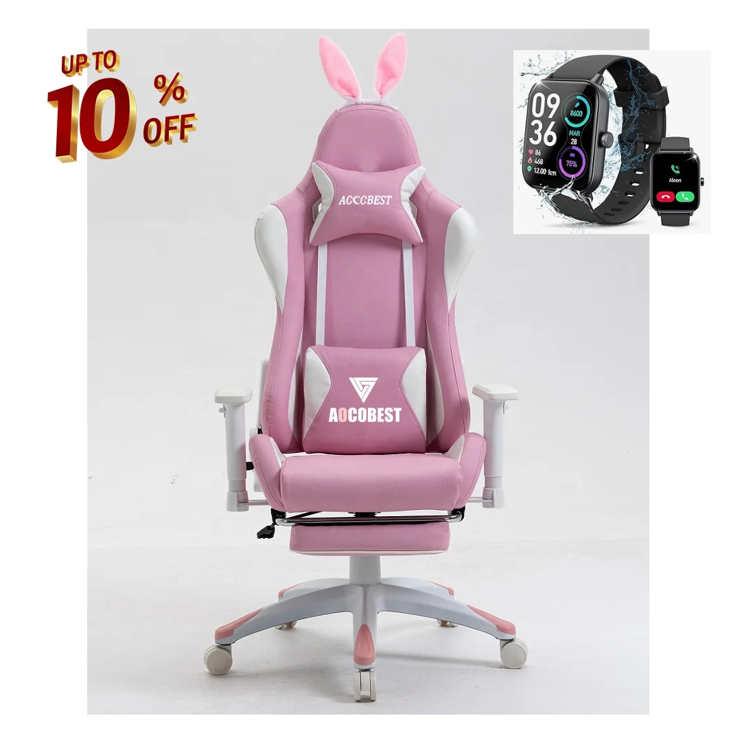 Superior Quality Cute Pink Bunny Ear Gaming Chair PU Leather Racing Computer Chair Ergonomic Chair With Neck And Waist Support