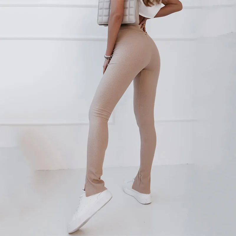 Custom Logo Solid Color Rib Knit High Waist Slit Winter Women Scrunch Butt Seamless Leggings