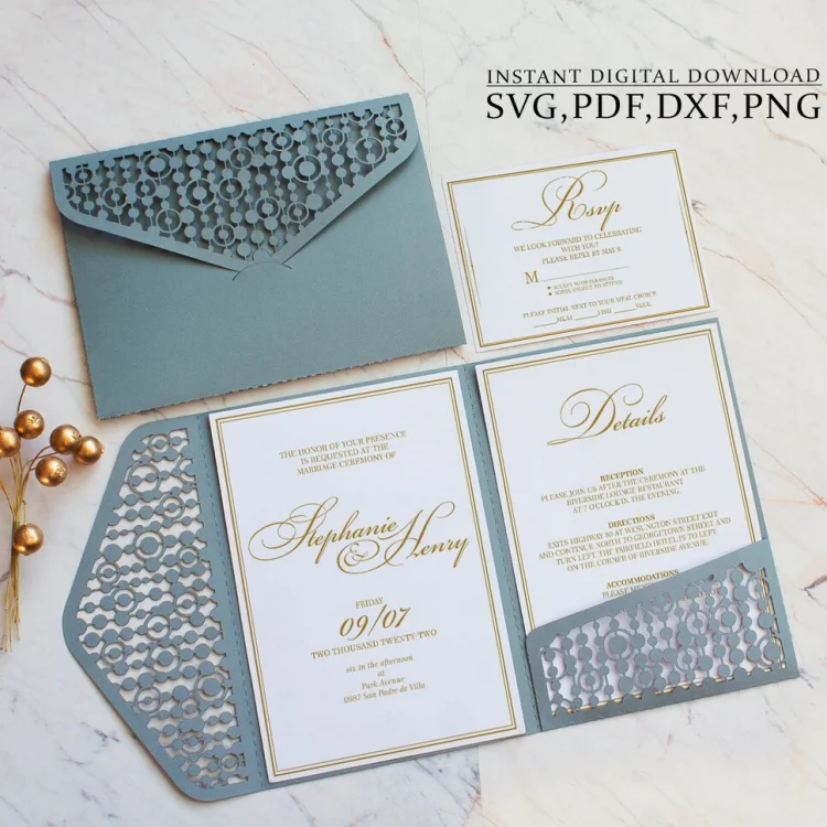 Simple Fold Design Hardcover Luxury Gold Foil Wedding Invitation Cards with Pocket