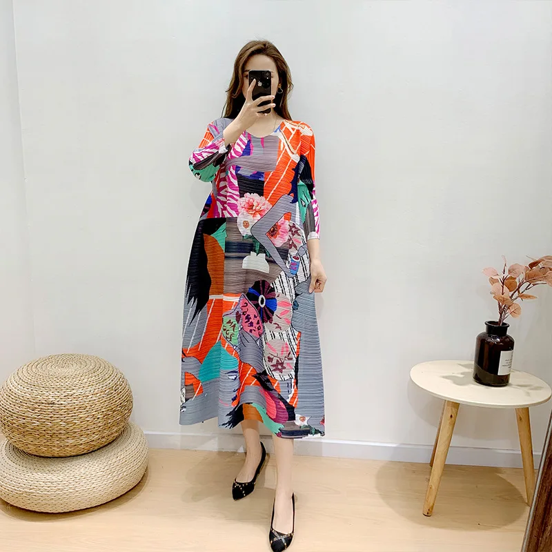 free size pleated african print a line dress 2021 new oversized O neck floral printed long loose causal dresses for woman