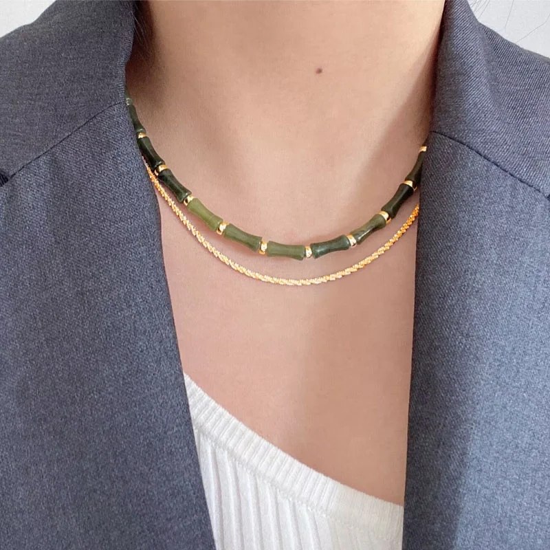 Natural Stone Olive Jade Bamboo Tube Beaded Choker Necklaces Fashionable Women Collar Necklace Designer Jewelry