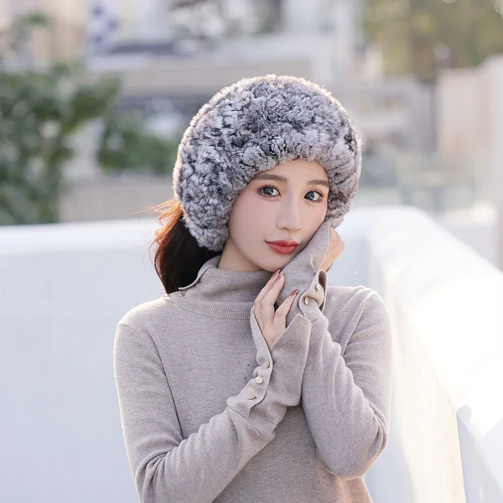 2024 Ladies Winter Luxury Real Chinchilla Fur Headbands Women Chinchilla Fur Neck warmer Hand Knitted Chinchilla Fur Hat