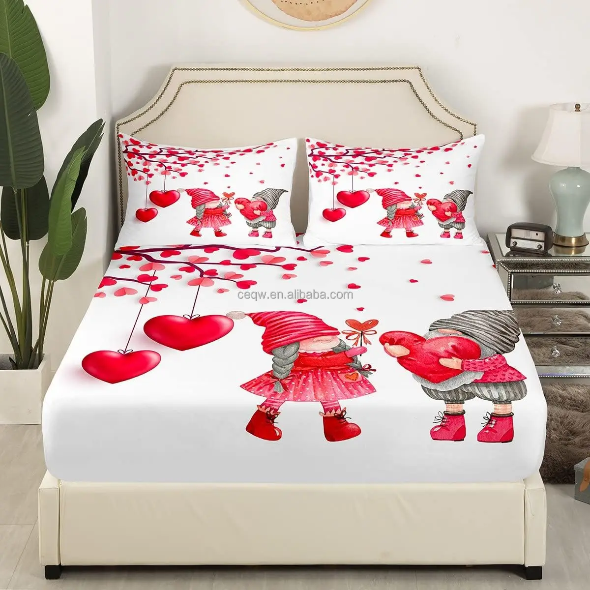 Valentine Day Bed Sheets Girls Red Heart-Shaped Romantic Fitted Sheet Girly Cute Heart Pattern Sheet Set For Child & Adult