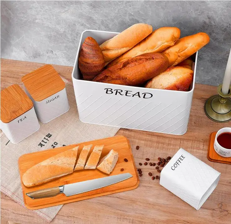 Large Bread Box with Bamboo Cutting Board Lid Sugar Tea and Coffee Storage Set of 3 Canisters Bread Bin Storage Container