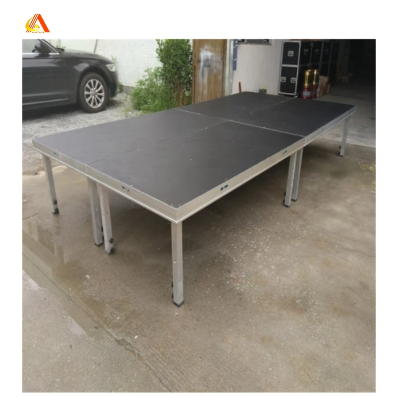 Easily assemble and set up aluminum 4-leg portable stage platform adjustable height legs
