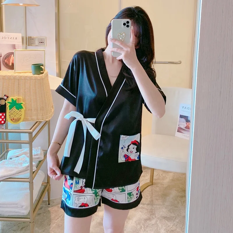 
Spring summer new short sleeved trousers women printed home wear suit lapel simple natural imitation silk pajamas 