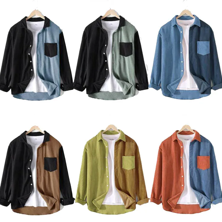 2022 Autumn Mens Contrast Patchwork Shirt Casual Corduroy Youth Premium Top Streetwear Men Lapel Pocket Long Sleeve Shirt