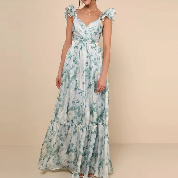 Fashion Spring Summer Beach Vacation V Neck Sleeveless Ruffled Long Elegant Floral Printed Sexy Dresses Women Holiday Dresses