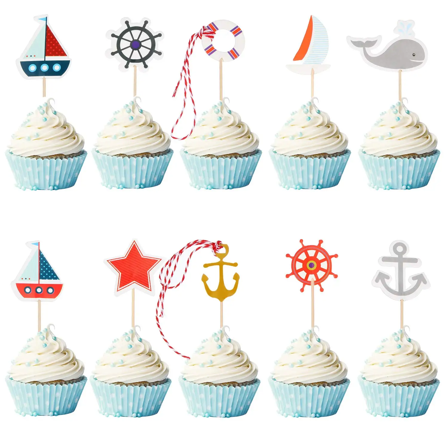 Nautical Cupcake Toppers Ocean Theme Toothpicks Birthday Cake Picks Decorations for Navy Baby Shower Party Favors Supplies