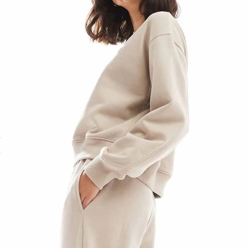 Clothing Manufacturers Custom Spring Summer Autumn Beige Base Casual Crew Neck Crop Top Drop Shoulder Sweatshirt