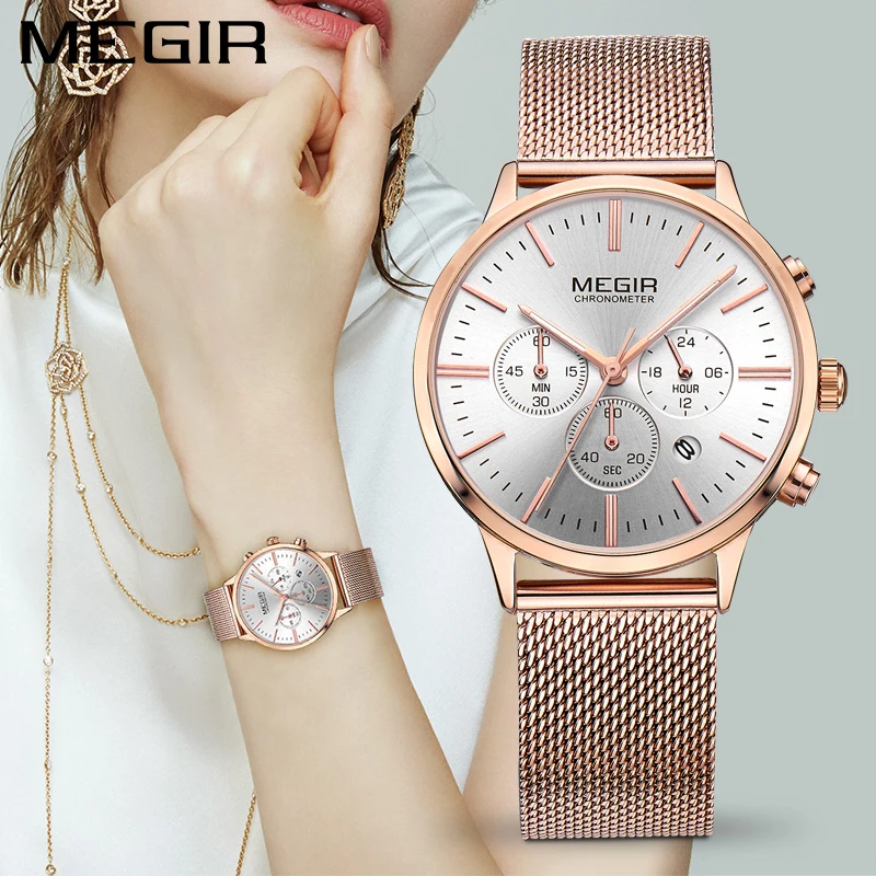 MEGIR 2011 Relogio Feminino Роскошные наручные часы женские модные кварцевые наручные часы со стальным сетчатым ремешком повседневные женские часы хронограф