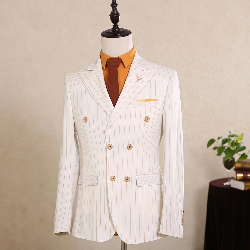 Striped White Men Tuxedos 3 Sets Piece Men Suits Double Breasted Groomsmen Wedding Suits 2020